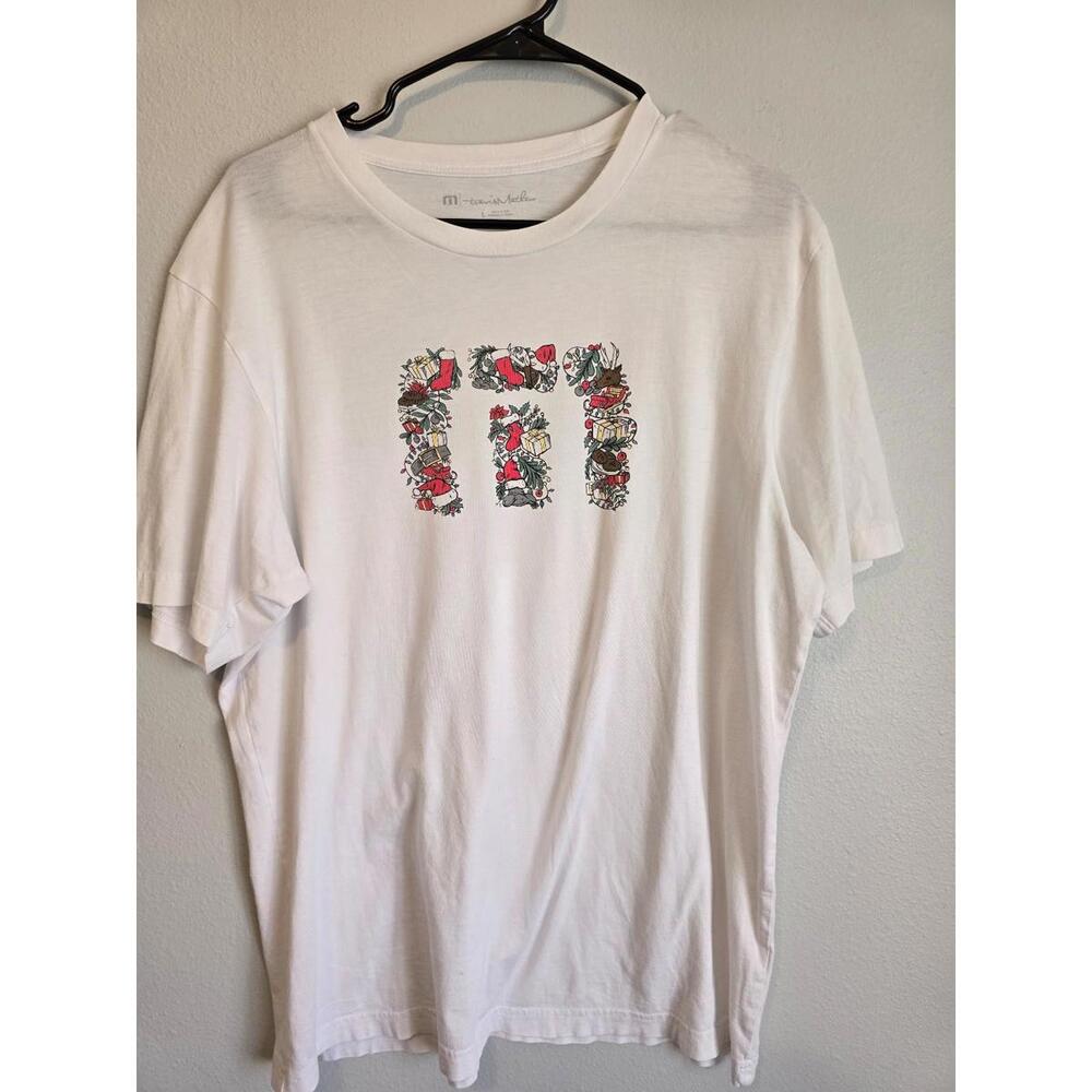 Travis Mathew Women’s White Christmas Logo Tee (L)